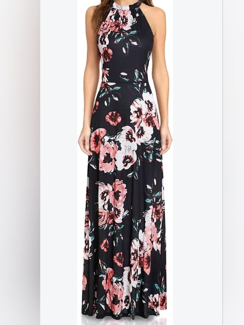 Floral Halter Maxi Dress - Black with Pink Floral